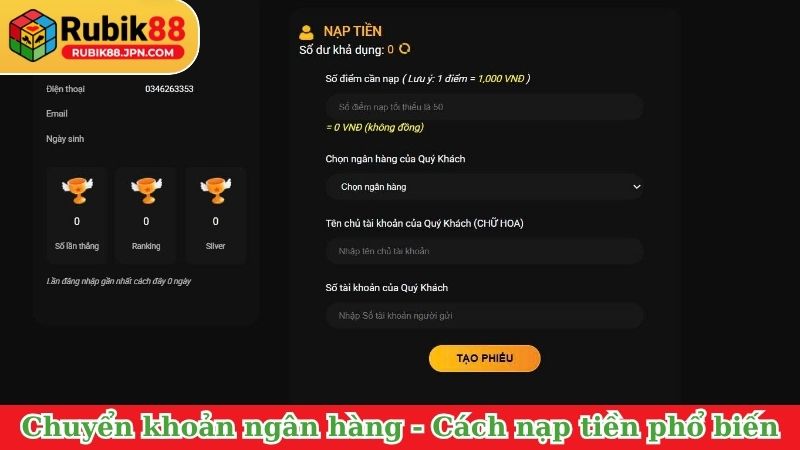 Chuyển khoản ngân hàng - Cách nạp tiền Rubik88 phổ biến